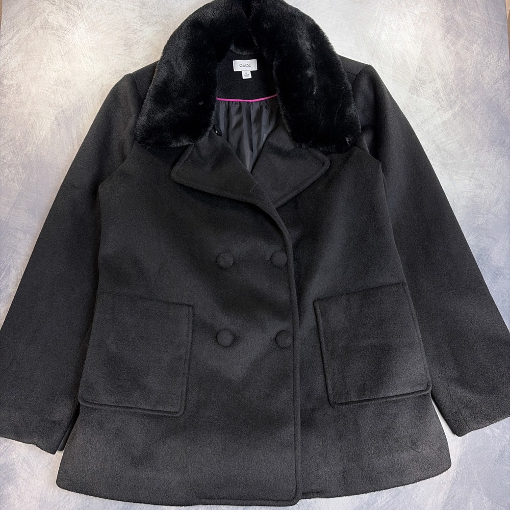CeCe Womens XL Black Double Breasted Peacoat Plush Collar Dress Coat